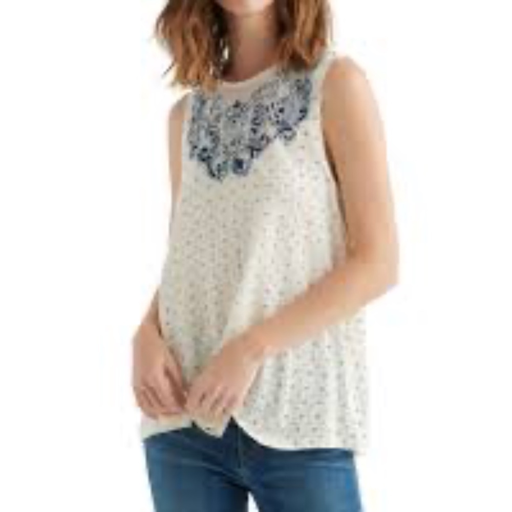 Lucky Brand linen blend embroidered sleeveless top Sz L